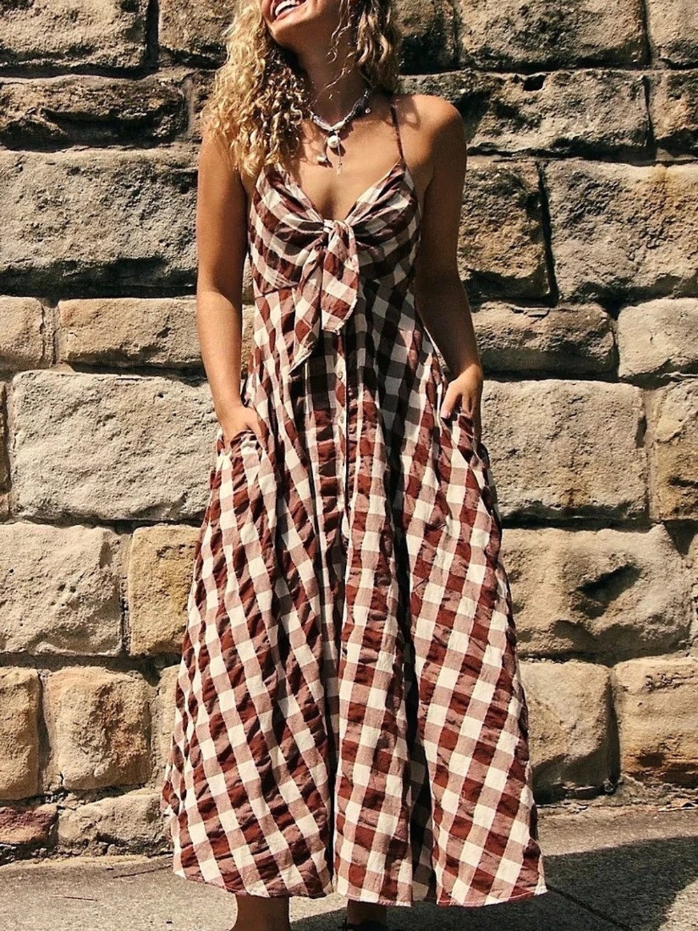 Free People Checkered Maxi Dress in Brown & White Size Small Like New